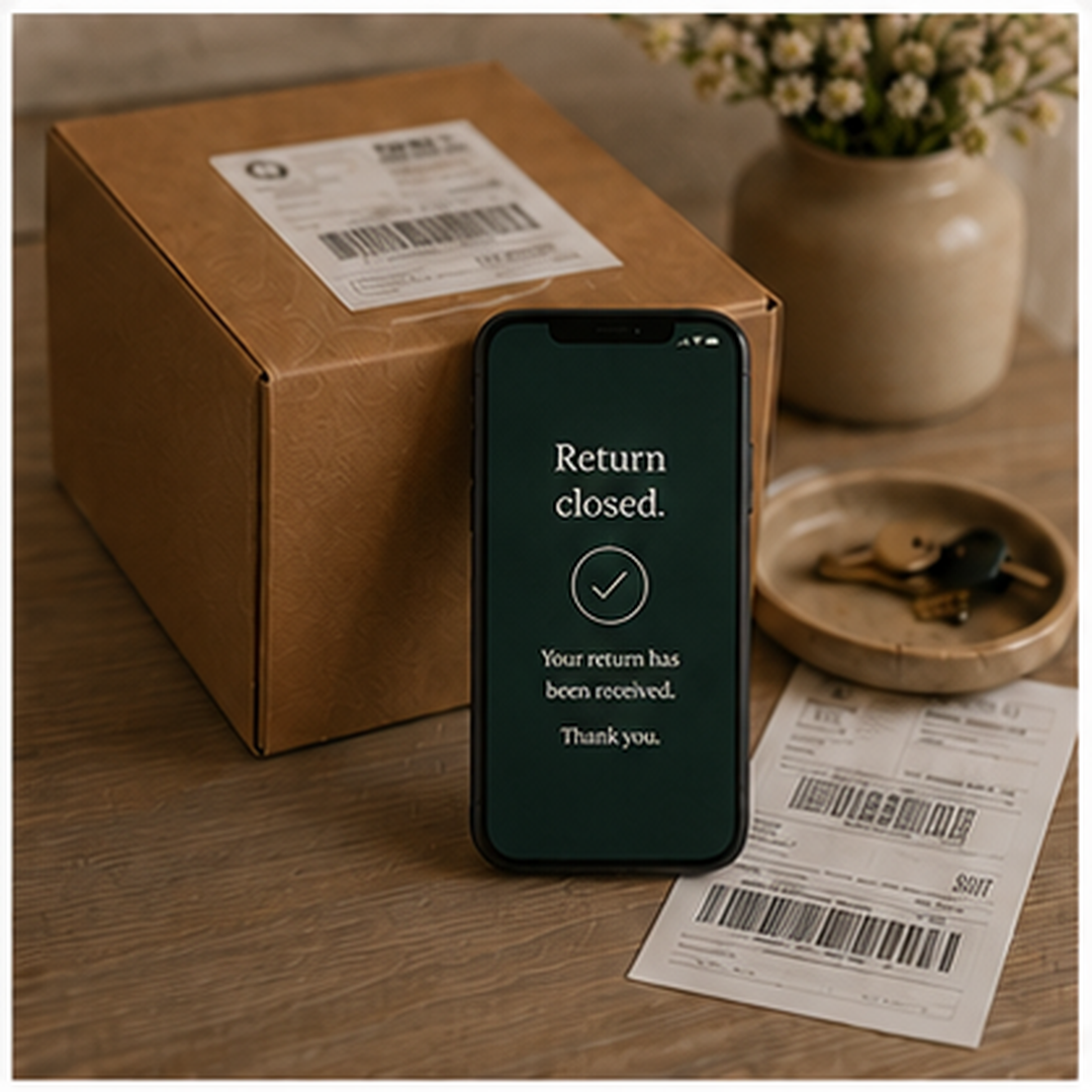A return package with the loop closed — Return closed. confirmed on screen